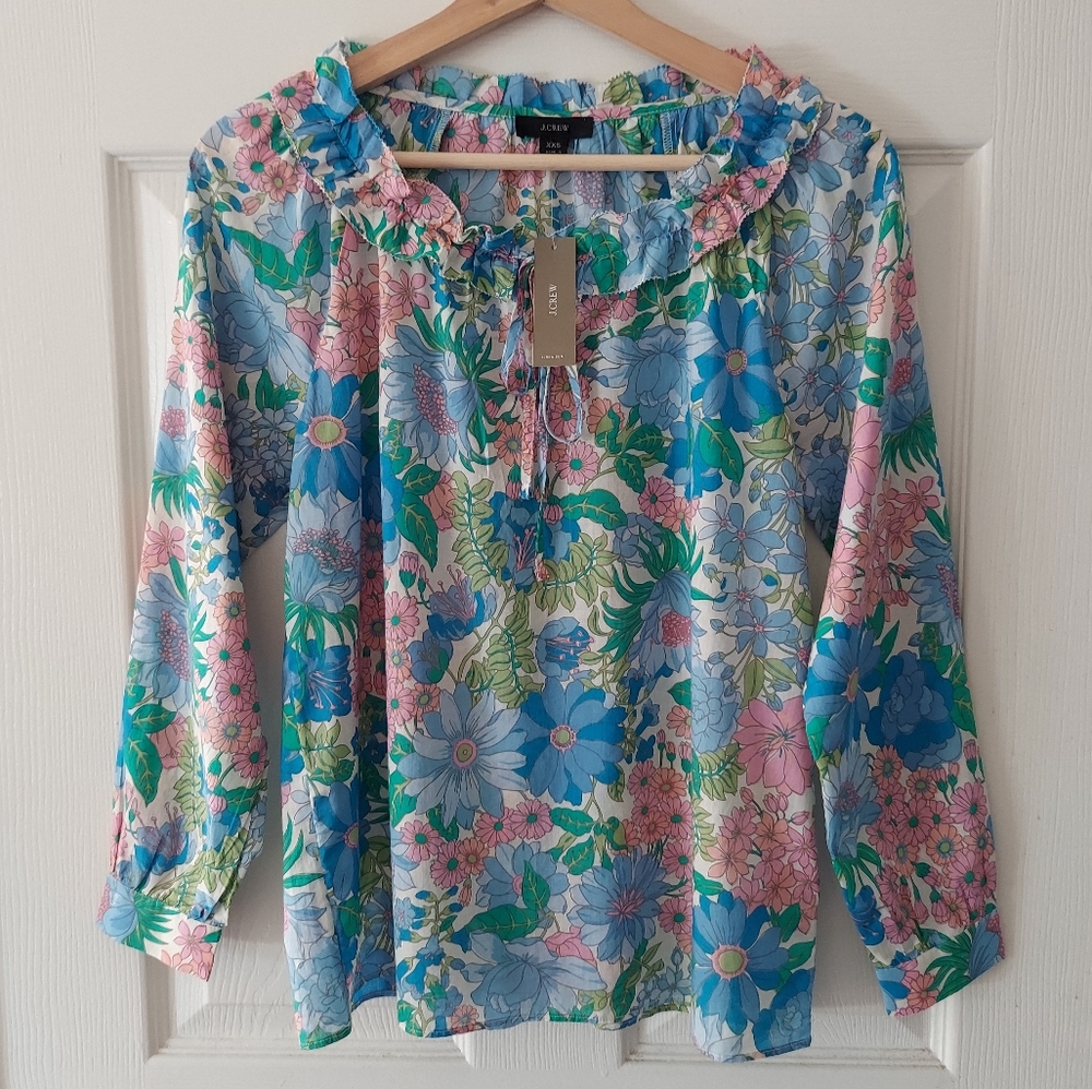NWT J Crew Blue Fairy Floral Tie Front Ruffle Top Blouse Size XXS 2XS